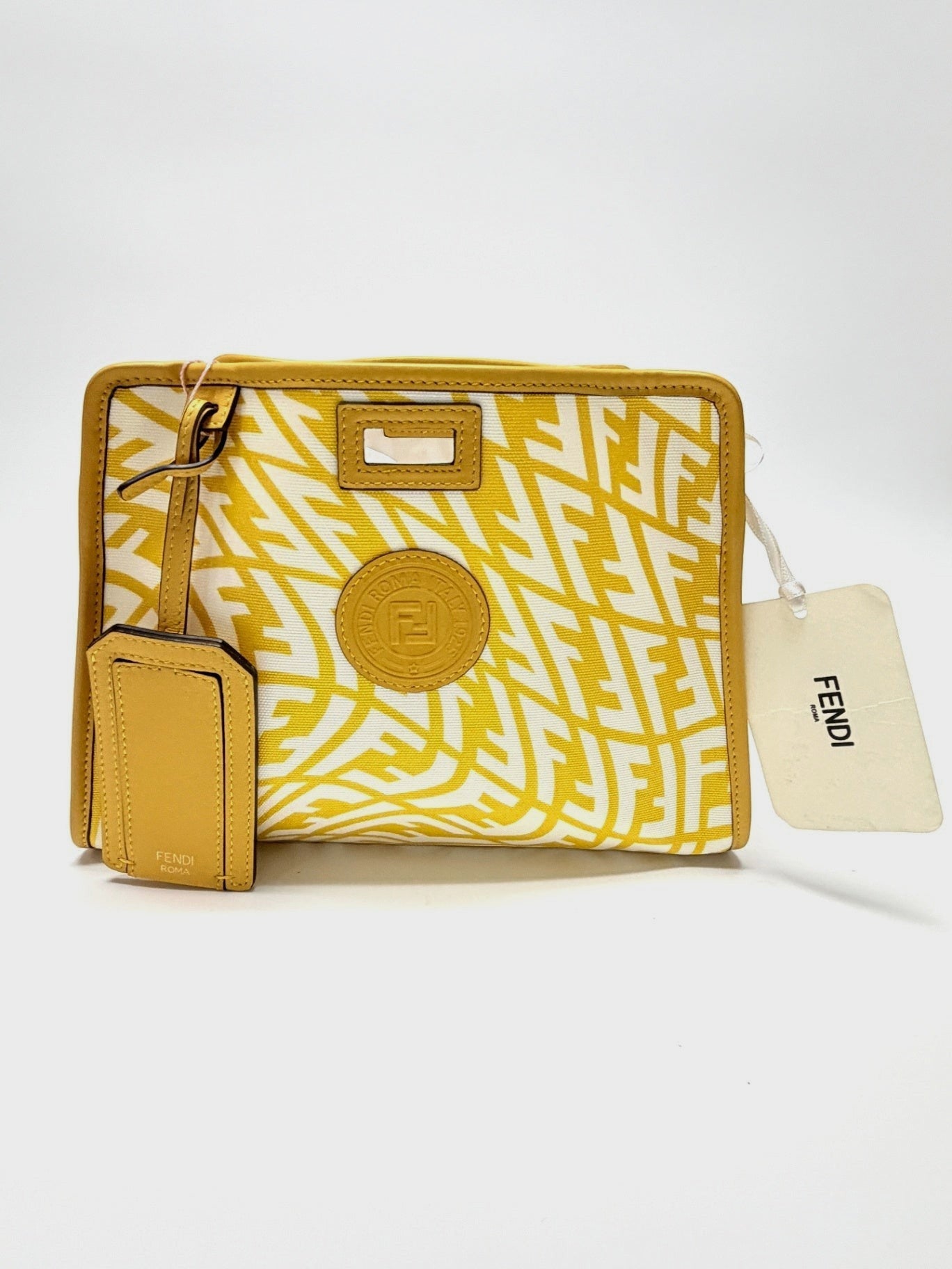 Lynn's Closet Boutique Fendi Peekaboo bag cover in yellow and white FF Vertigo canvas with leather trim and logo tag.