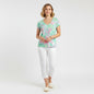 Lynn's Closet Boutique blue cotton flamingo and giraffe print v-neck tee, size XL. Tropical foliage pattern.