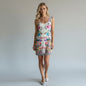 Lynn's Closet Boutique floral print sleeveless scoop neck dress with pink, blue, and purple roses. Size L.