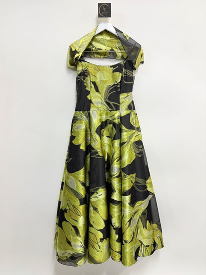 Lynn's Closet Boutique strapless A-line gown in black with shimmering lime green floral print and matching bolero wrap.