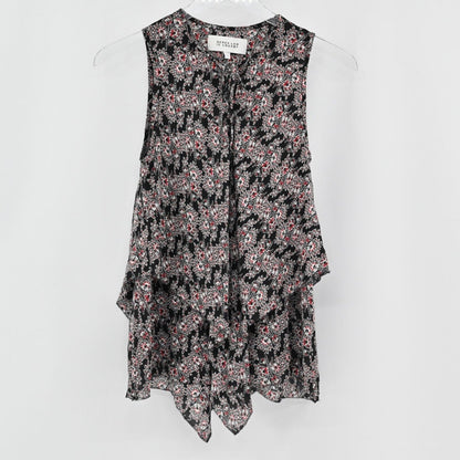 Lynn's Closet Boutique Derek Lam 10 Crosby sleeveless black silk top with multi-colored floral print and tiered ruffles.