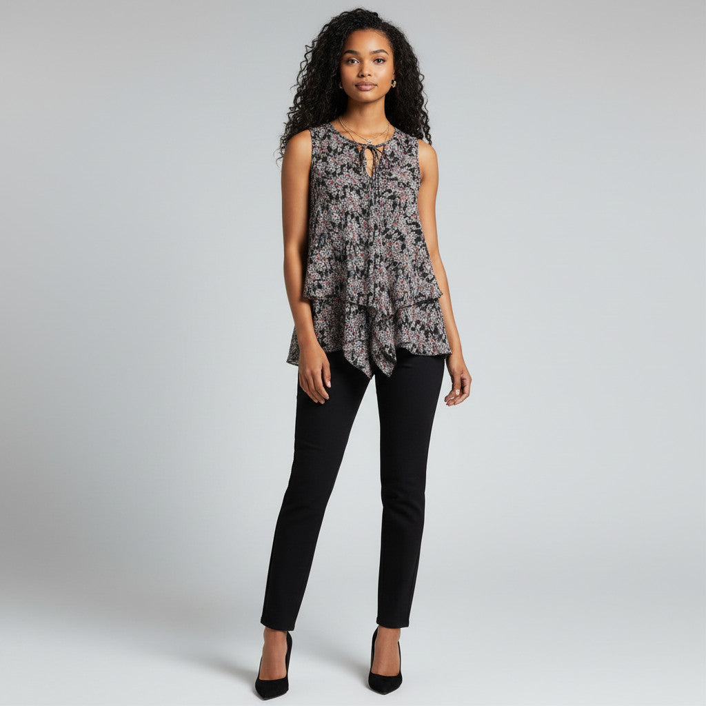 Model wearing a Lynn's Closet Boutique Derek Lam 10 Crosby floral silk sleeveless tiered top with black trousers.