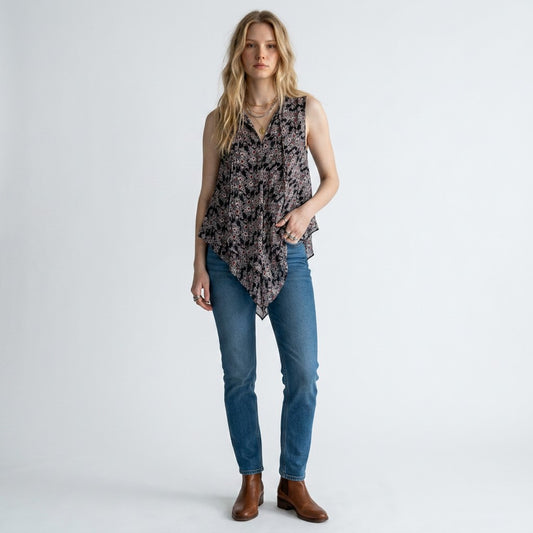 Lynn's Closet Boutique Derek Lam 10 Crosby sleeveless silk top with floral print, tie-neck, and tiered ruffle hem.