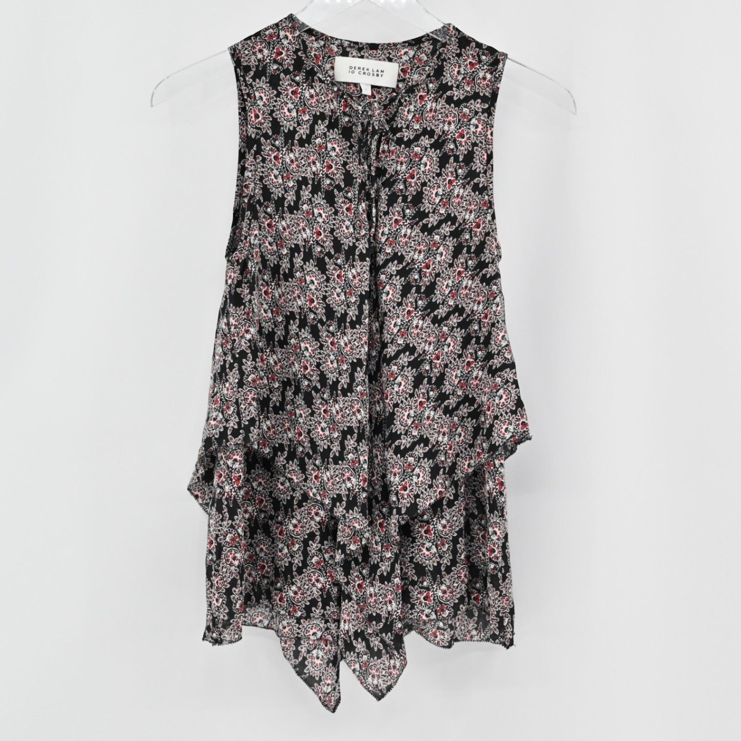 Lynn's Closet Boutique Derek Lam 10 Crosby sleeveless black silk top with multi-colored floral print and tiered ruffles