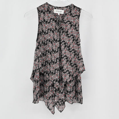 Lynn's Closet Boutique Derek Lam 10 Crosby sleeveless black silk top with multi-colored floral print and tiered ruffles
