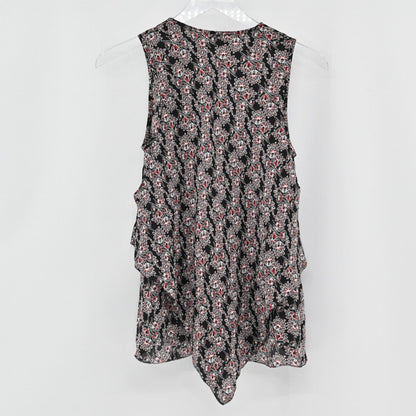 Lynn's Closet Boutique Derek Lam 10 Crosby sleeveless silk top with black and multi-colored floral print and tiered ruffles