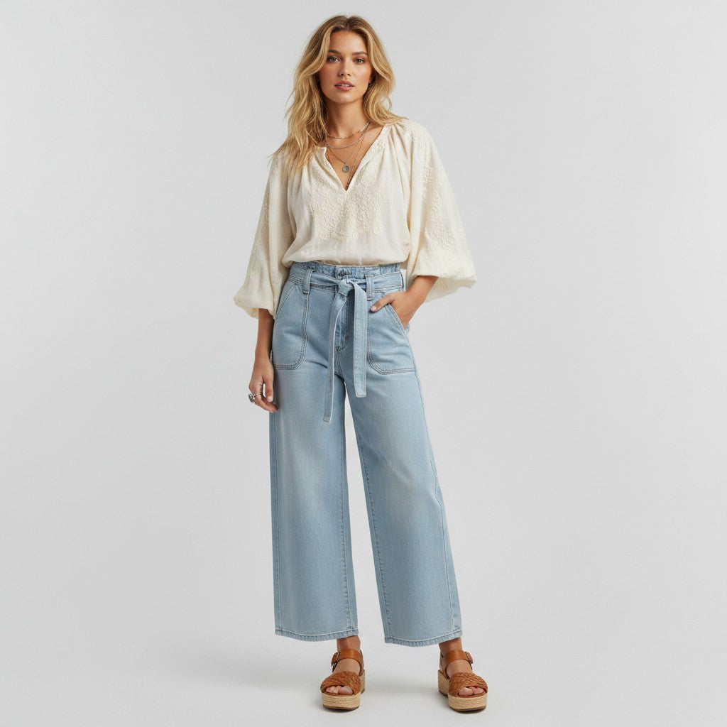 Model wearing Lynn's Closet Boutique Frame Mahoney light wash denim paperbag waist jeans with a tie belt.