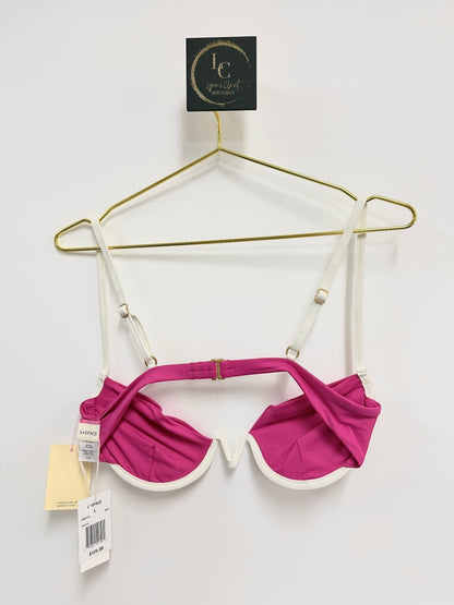 Lynn's Closet Boutique L Space fuchsia bikini top with white piping and underwire support on a gold hanger.