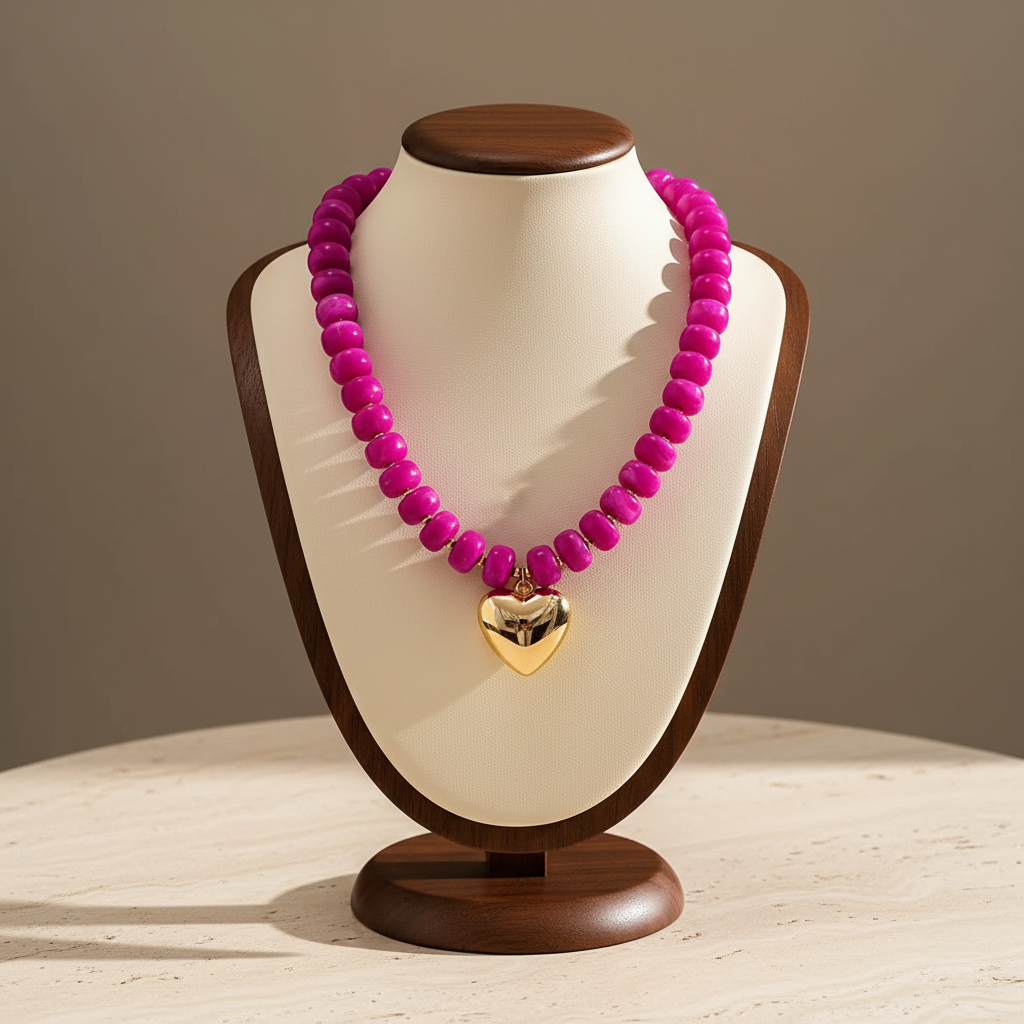 Lynn's Closet Boutique chunky fuchsia acrylic bead necklace with a polished gold-tone heart pendant on a display bust.