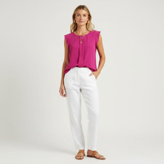 Lynn's Closet Boutique fuchsia sleeveless pleated top with flutter sleeves. Size MP.