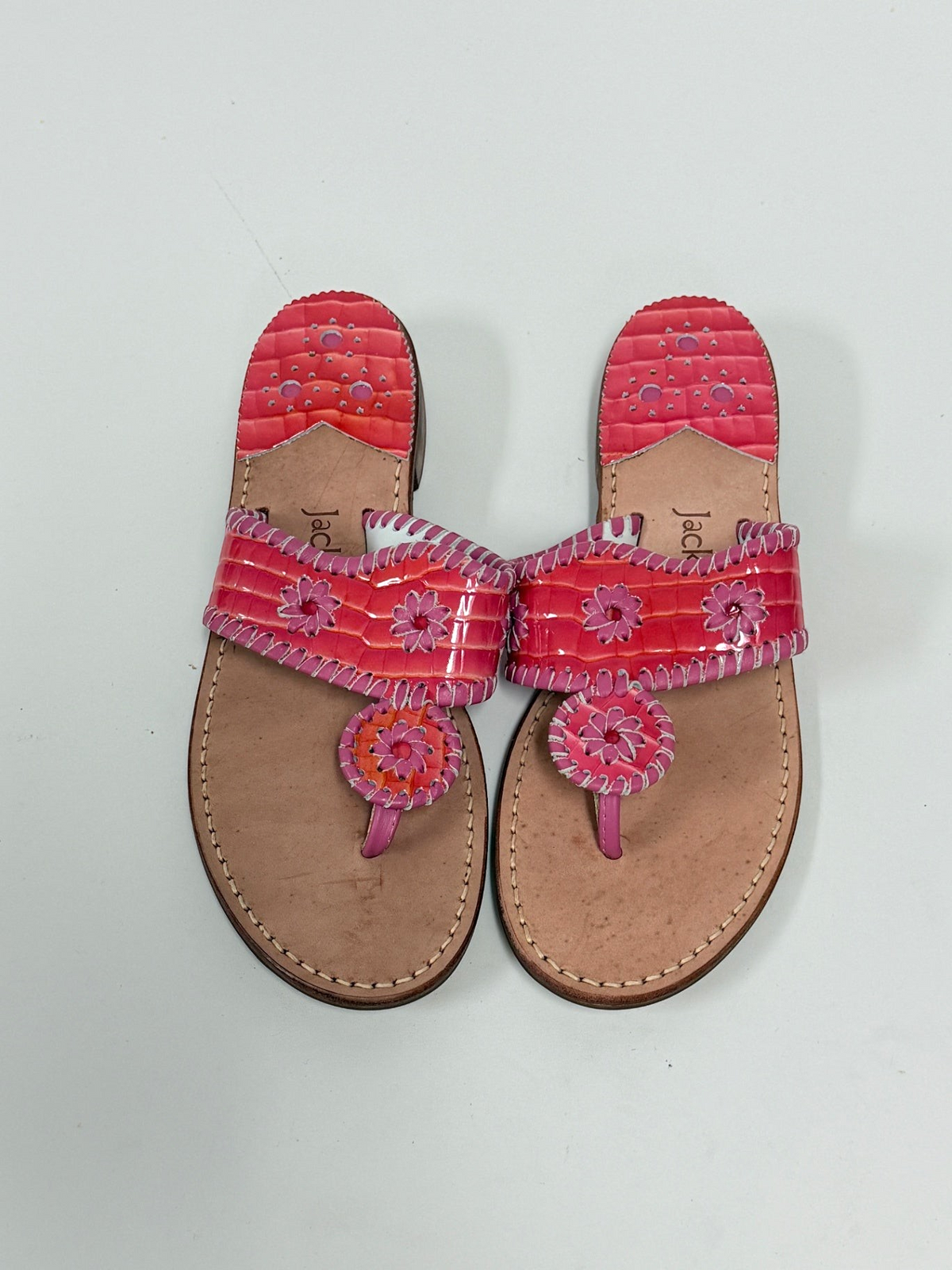 Lynn's Closet Boutique fuchsia and purple crocodile embossed leather Navajo sandals with signature whipstitch detail.