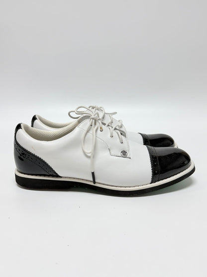 Lynn's Closet Boutique G/Fore Gallivanter white and black cap-toe golf shoes with brogue detailing, size 8.5.