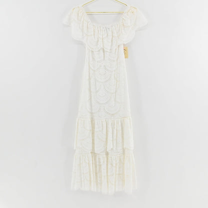 Lynn's Closet Boutique Gianni Bini white midi dress featuring scalloped lace, off-the-shoulder neckline, and tiered skirt.
