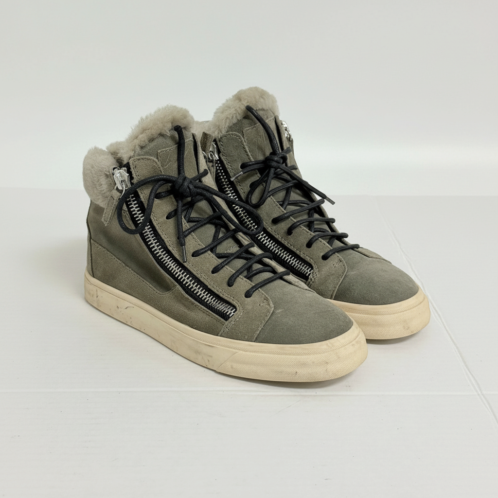 Lynn's Closet Boutique Giuseppe Zanotti olive suede high-top sneakers with fur lining and signature side zippers.