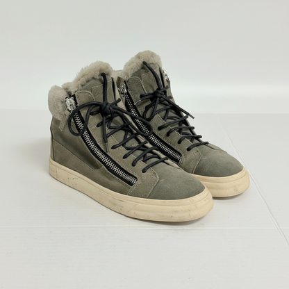 Lynn's Closet Boutique Giuseppe Zanotti olive suede high-top sneakers with fur lining and signature side zippers.