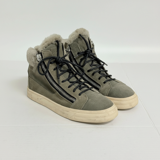 Lynn's Closet Boutique Giuseppe Zanotti olive suede high-top sneakers with fur lining and signature side zippers.