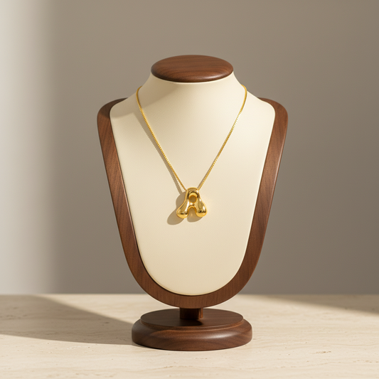 Lynn's Closet Boutique gold-tone puffy letter A pendant necklace on a wooden jewelry display stand.