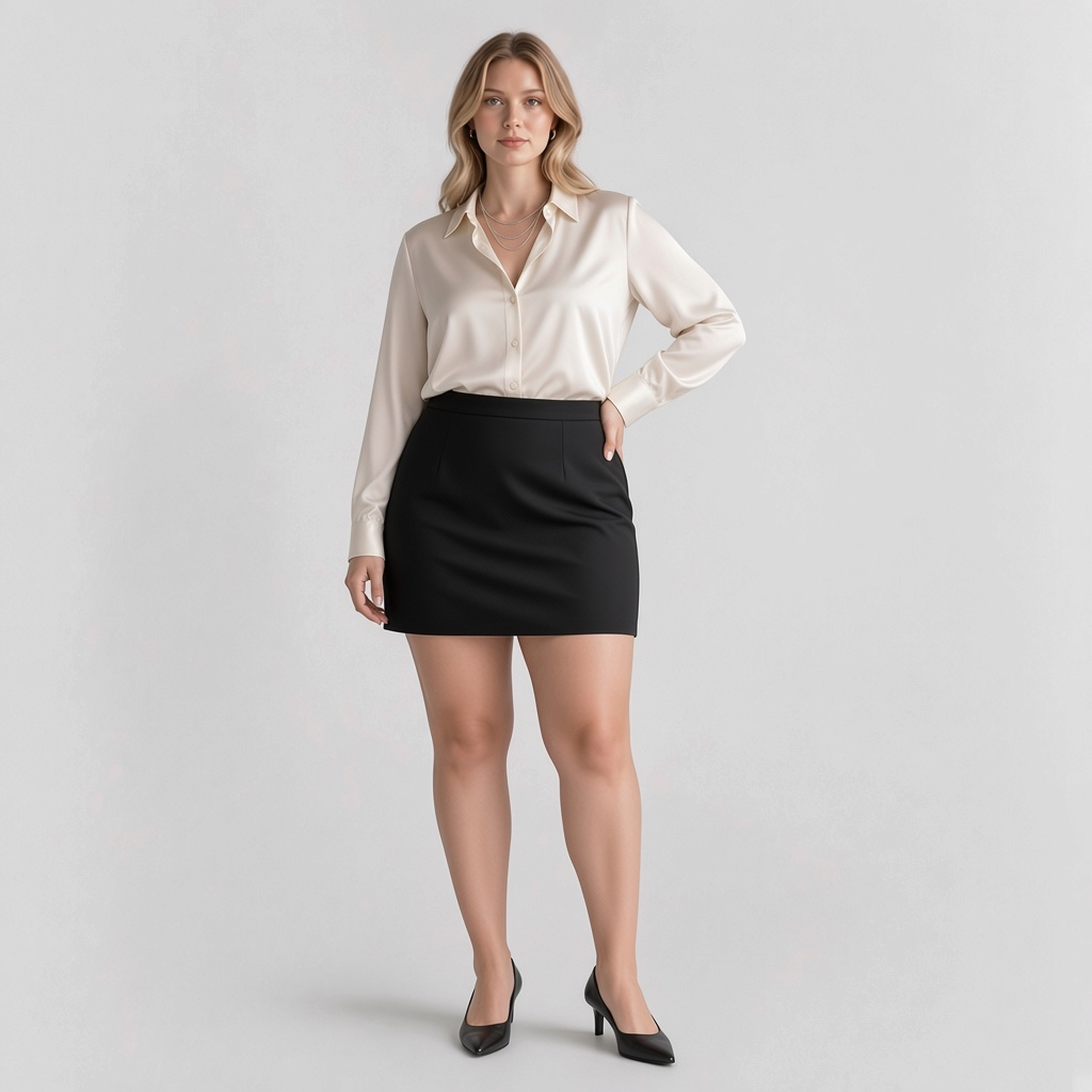 Model wearing a Lynn's Closet Boutique Good American black mini skirt with a cream satin blouse and black heels