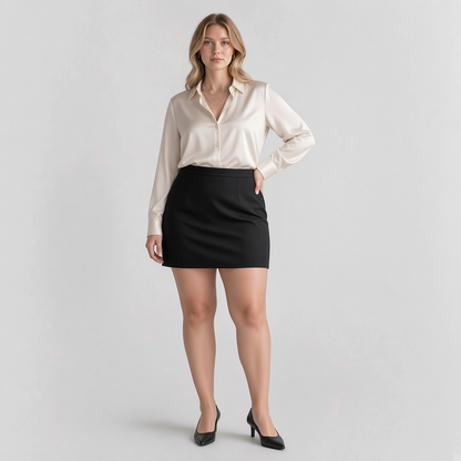 Model wearing a Lynn's Closet Boutique Good American black mini skirt with a cream satin blouse and black heels