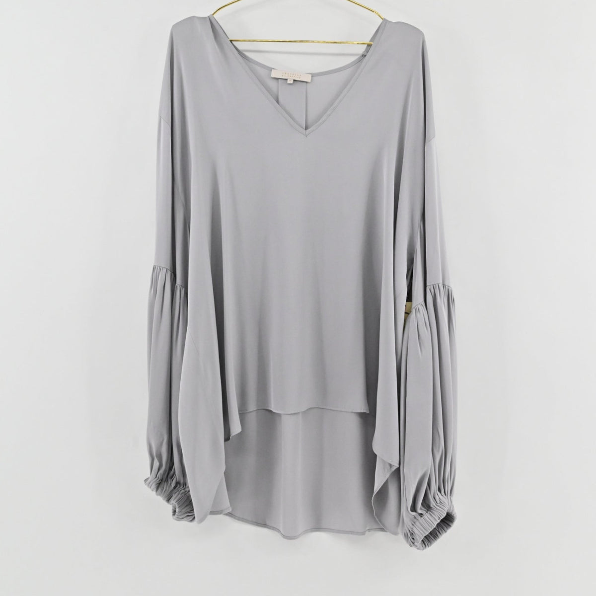 Lynn's Closet Boutique greige silk blouse with V-neckline, voluminous balloon sleeves, and a high-low hemline.