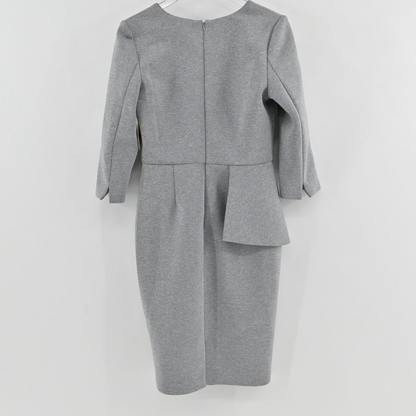 Lynn's Closet Boutique Badgley Mischka heather grey scuba sheath dress with peplum waist and three-quarter sleeves