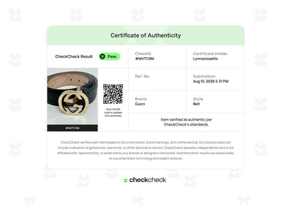 Lynn's Closet Boutique CheckCheck certificate of authenticity for a Gucci black calfskin leather belt with gold buckle
