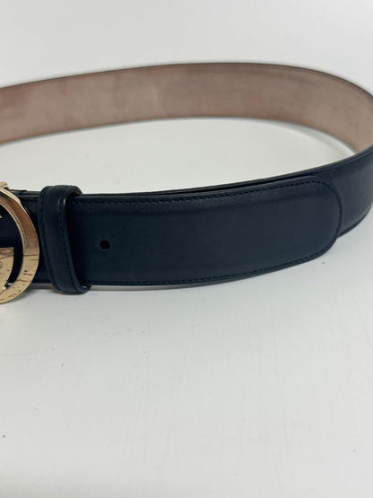 Lynn's Closet Boutique Gucci black calfskin leather belt with gold interlocking G buckle and distressed finish