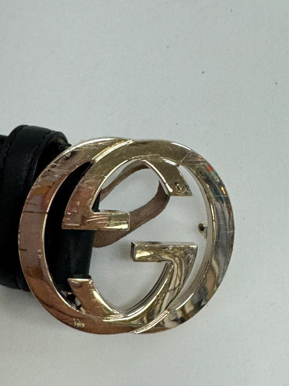 Lynn's Closet Boutique Gucci black calfskin leather belt with a distressed gold-toned Interlocking G buckle