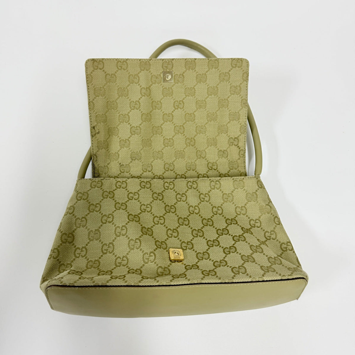 Lynn's Closet Boutique vintage Gucci GG monogram canvas shoulder bag in beige with gold-tone hardware and flap closure
