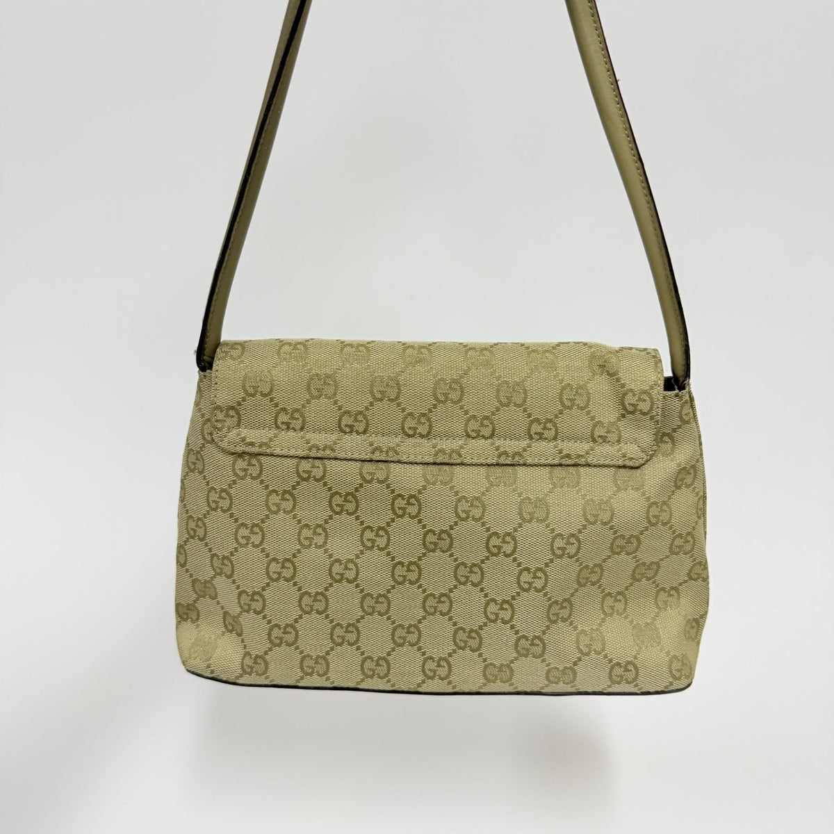 Lynn's Closet Boutique vintage Gucci GG monogram canvas flap shoulder bag in beige with leather trim