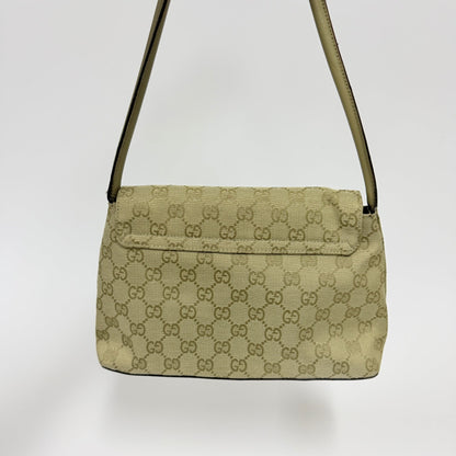 Lynn's Closet Boutique vintage Gucci GG monogram canvas flap shoulder bag in beige with leather trim
