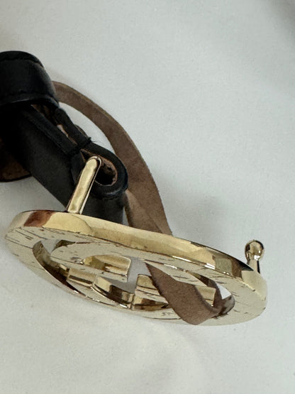Lynn's Closet Boutique Gucci black calfskin leather belt with distressed gold-toned Interlocking G buckle detail