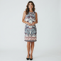 A model wearing a Lynn's Closet Boutique Hale Bob sleeveless shift mini dress with a navy, cream, and red paisley print.