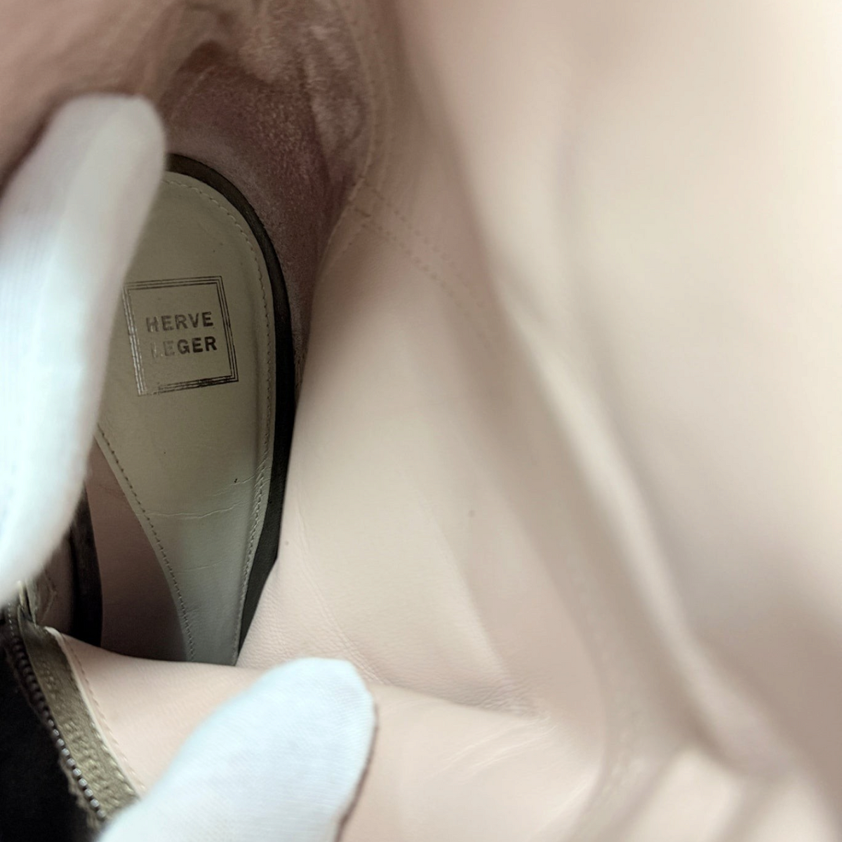 Lynn's Closet Boutique Herve Leger brown suede boot interior showing the brand logo on the insole