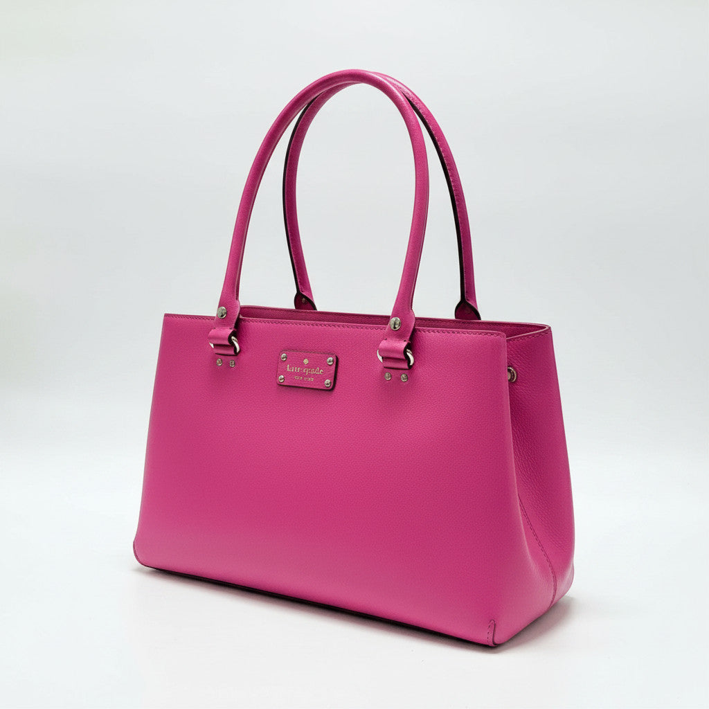 Lynn's Closet Boutique Kate Spade New York hot pink leather tote bag with silver hardware and dual shoulder straps.