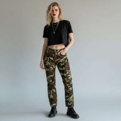 Lynn's Closet Boutique Hugo Boss camo print denim jeans, size 10, with brown, green, and black camouflage pattern.