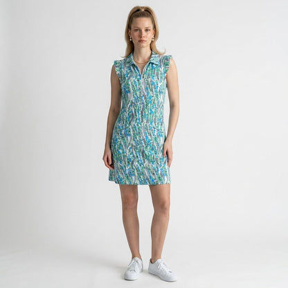 Model wearing a Lynn's Closet Boutique Ibkul sleeveless athletic dress with a blue and green abstract print