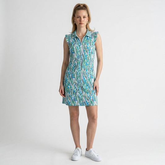 Model wearing a Lynn's Closet Boutique Ibkul sleeveless athletic dress with a blue and green abstract print