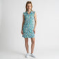 Model wearing a Lynn's Closet Boutique Ibkul sleeveless athletic dress with a blue and green abstract print