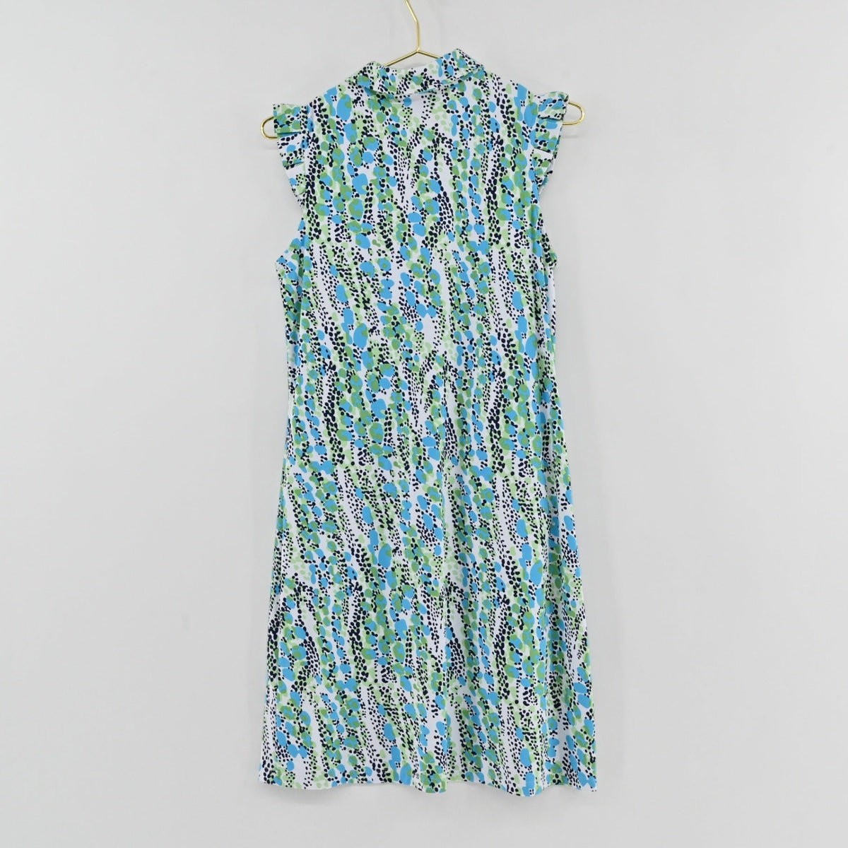 Lynn's Closet Boutique sleeveless Ibkul dress in a blue and green abstract print with ruffled cap sleeves.