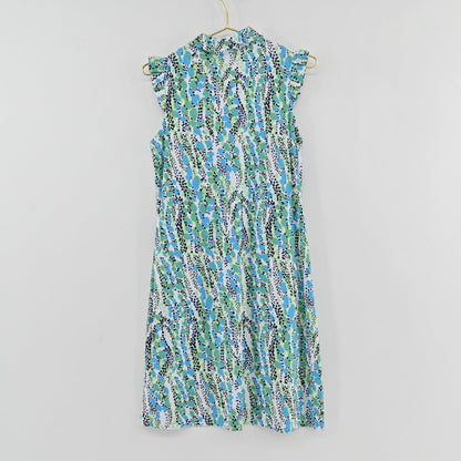 Lynn's Closet Boutique sleeveless Ibkul dress in a blue and green abstract print with ruffled cap sleeves.