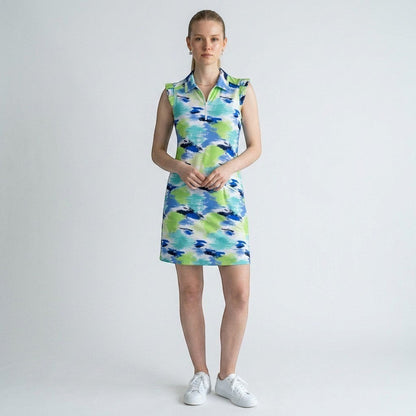 Model wearing a Lynn's Closet Boutique Ibkul sleeveless polo dress with a green and blue abstract brushstroke print.