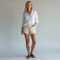 Lynn's Closet Boutique ivory lace shorts with scalloped hem and tiered detailing, size L.