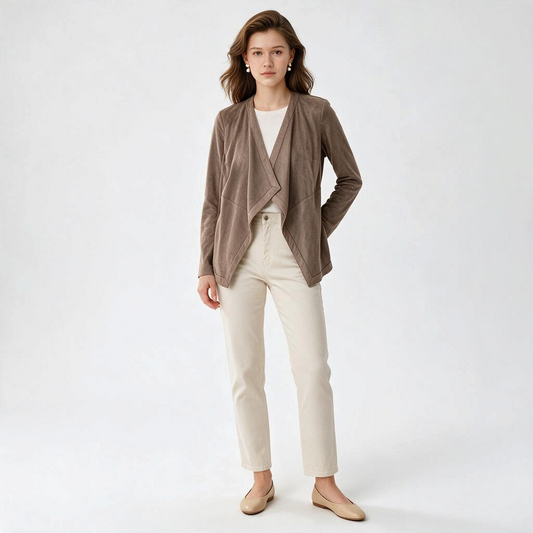 Model wearing a Lynn's Closet Boutique J.Jill sandalwood taupe faux suede open-front waterfall jacket with jeans