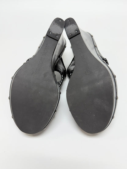 Lynn's Closet Boutique Jack Rogers black leather wedge sandals with signature whipstitch detail and stud accents.