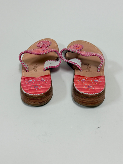 Lynn's Closet Boutique Jack Rogers Navajo sandals in fuchsia and purple with embossed crocodile texture and whipstitching