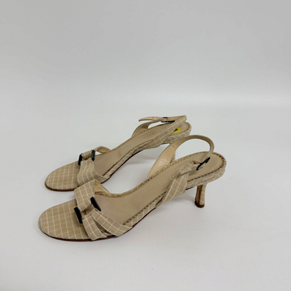 Lynn's Closet Boutique Jimmy Choo beige grid fabric slingback kitten heels with a front buckle detail.