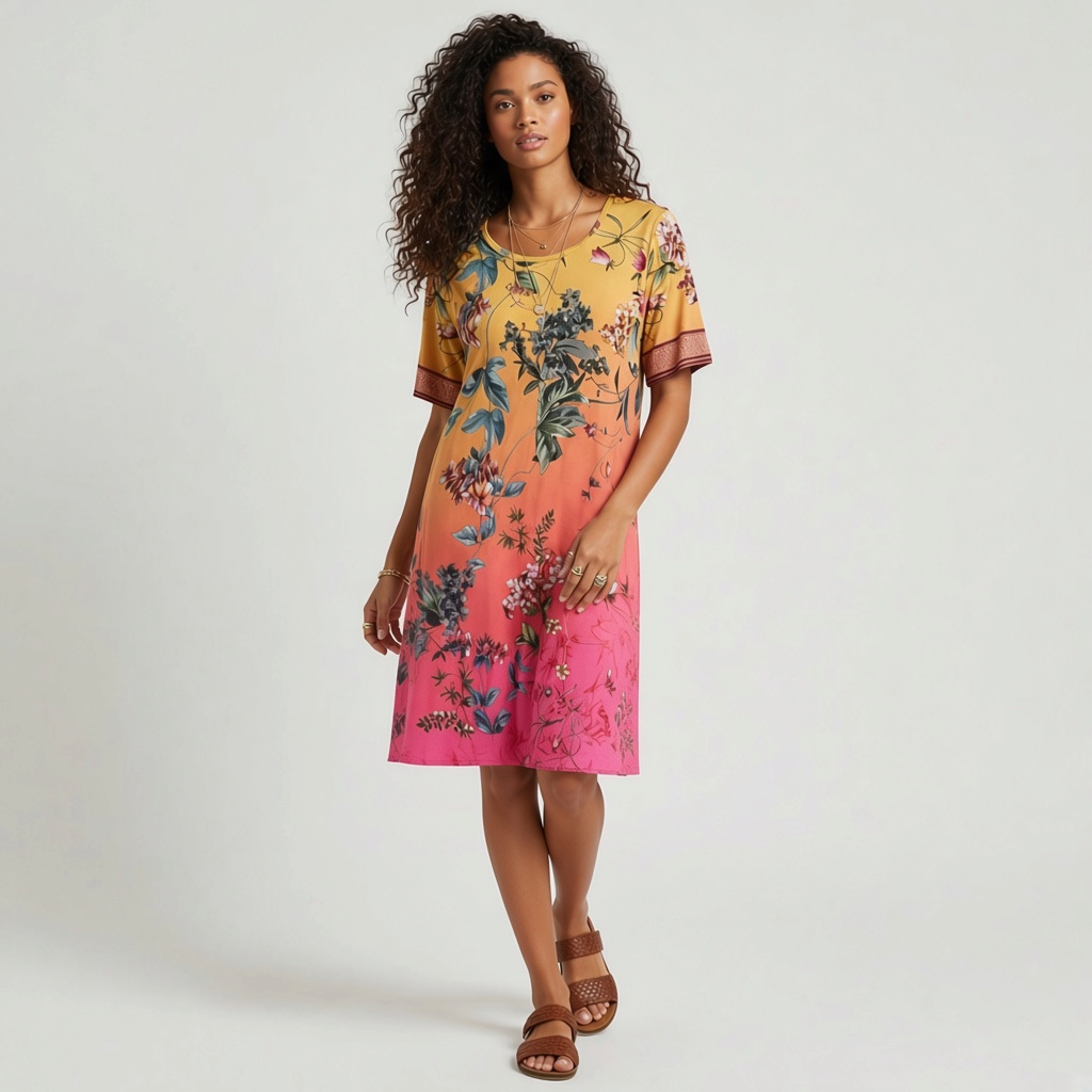 Lynn's Closet Boutique Johnny Was floral swing dress with a yellow to pink gradient and short sleeves on a model