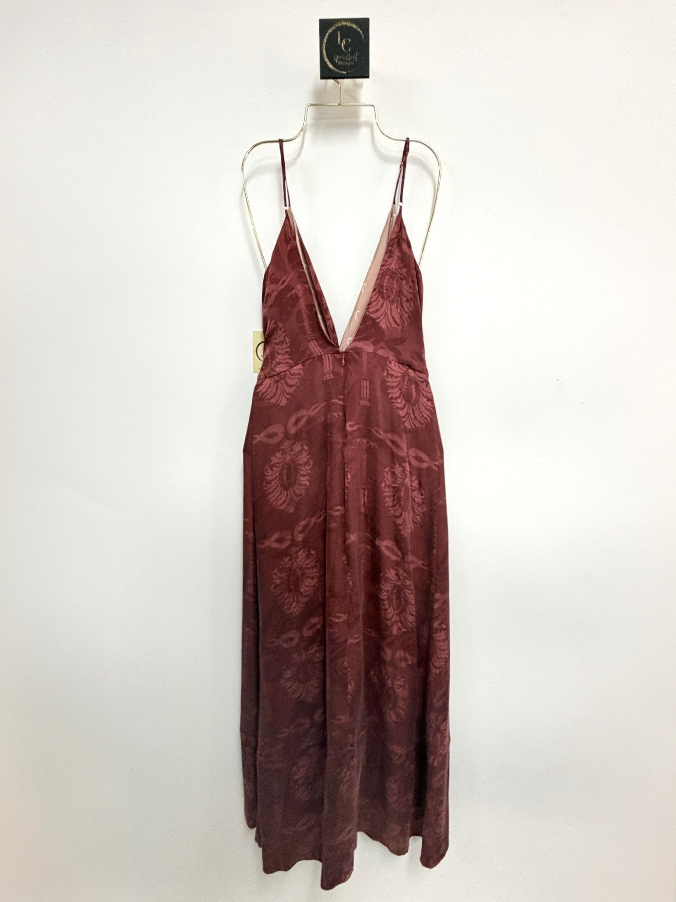 Lynn's Closet Boutique burgundy Juan de Dios silk maxi dress with plunging V-neck and tonal jacquard pattern