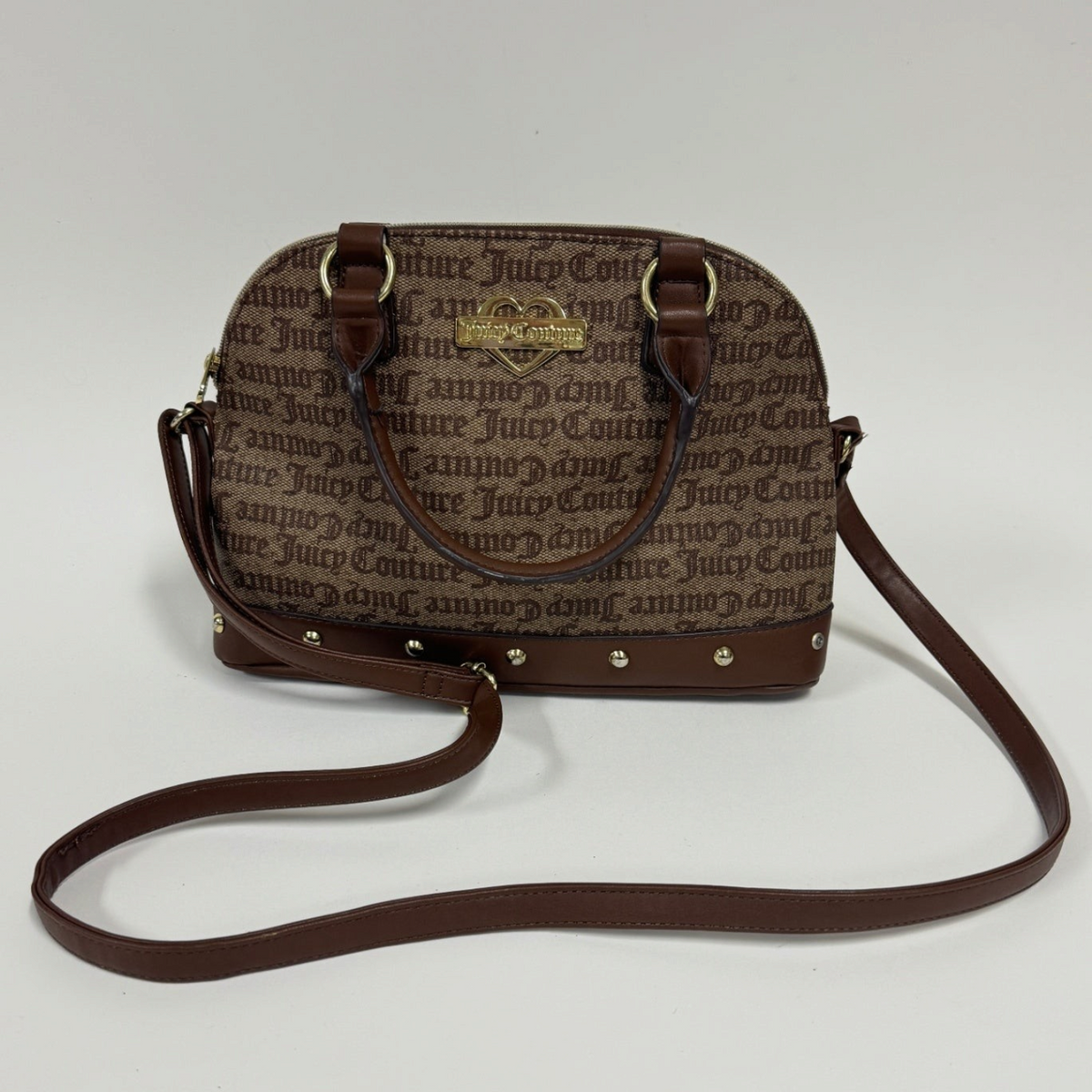Lynn's Closet Boutique Juicy Couture dome satchel in chestnut and chino logo print with gold heart hardware